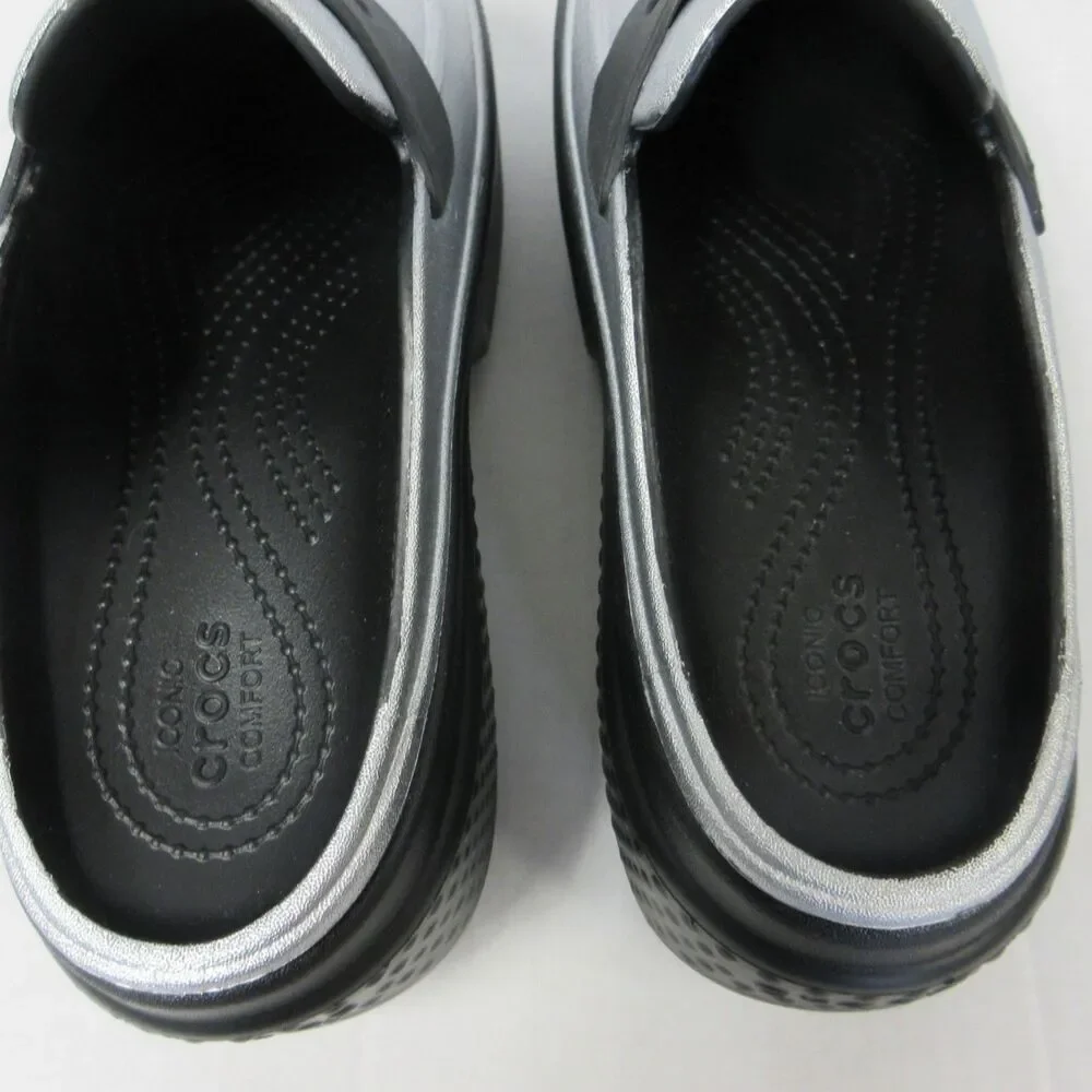 CROCS Stomp Metallic Penny Loafer Mens Sz 6 Black Silver Platform Clog Shoes NEW